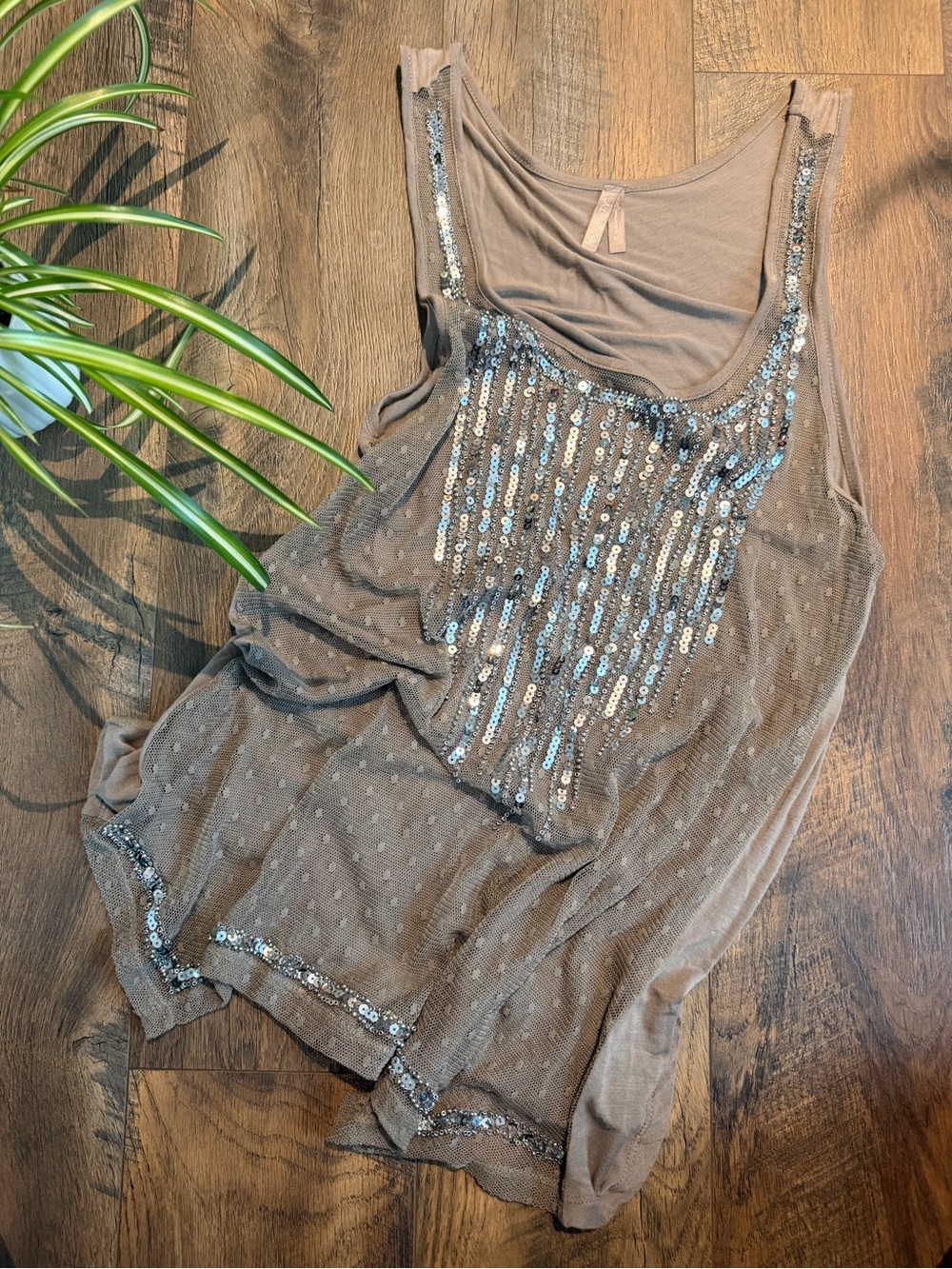Vanity Taupe Sequin-Embellished Sleeveless Tank